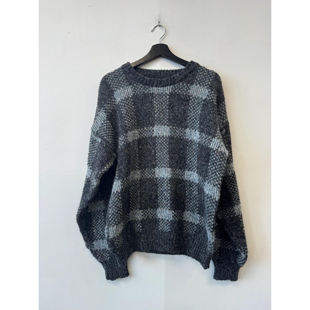 Vintage Peter England Sweater Mens Large Gray Plaid Chunky Knit Crewneck 80s 90s